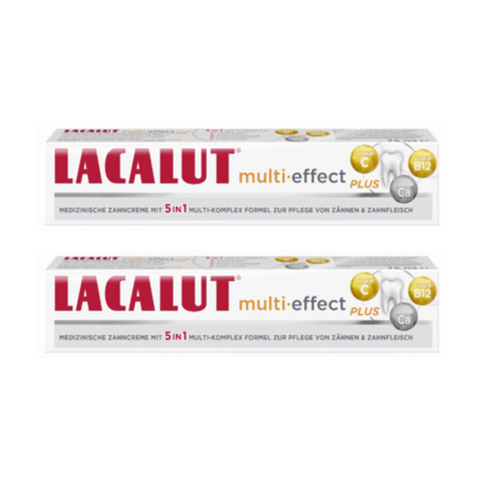 Two boxes of Lacalut multi-effect Plus toothpaste on a white background